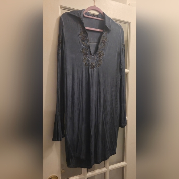 POL Long Sleeve Dress in A Bluish Gray with Embroidered Details & Flutter Wrists - Picture 7 of 7